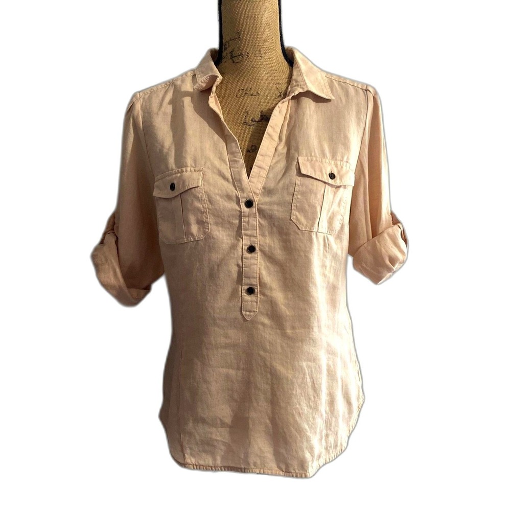 Zara Basic Ramie Camp Shirt Cream Orange Button Up Roll Tab Sleeve Size Large